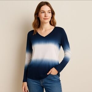 ByLyse Blue White Ombre Dip Dye Long Sleeve V Neck Top Size Large L
